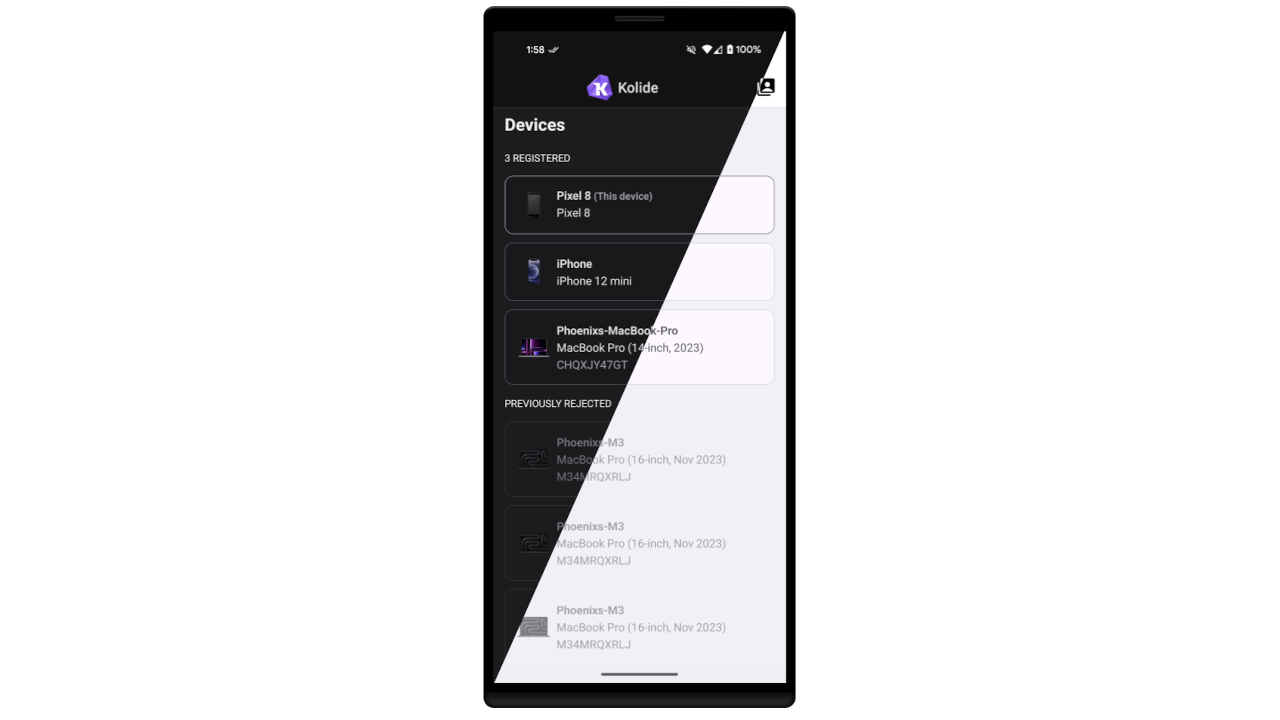 A screenshot of the mobile app's device list screen, split into two halves. One half is displayed in dark mode with a dark-colored background and light-colored text, the other half is displayed in light mode with a light-colored background and dark-colored text