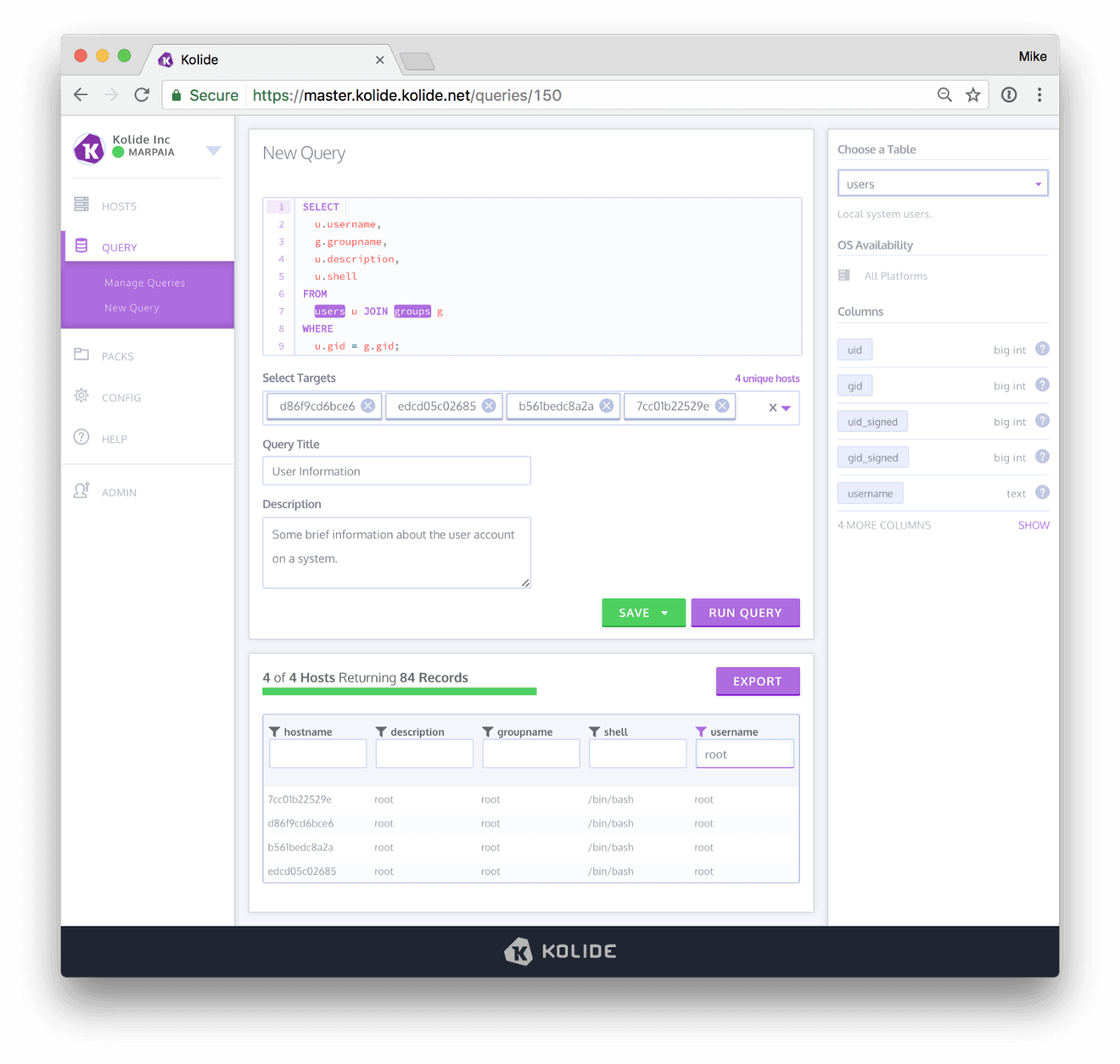 A screenshot of Kolide Fleet showing the Live Query feature