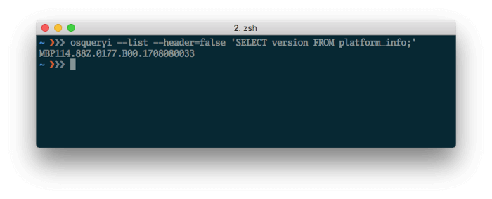 An image showing a terminal window with a query that reads "--list --header=false 'SELECT version FROM platform_info;" and returns the version information