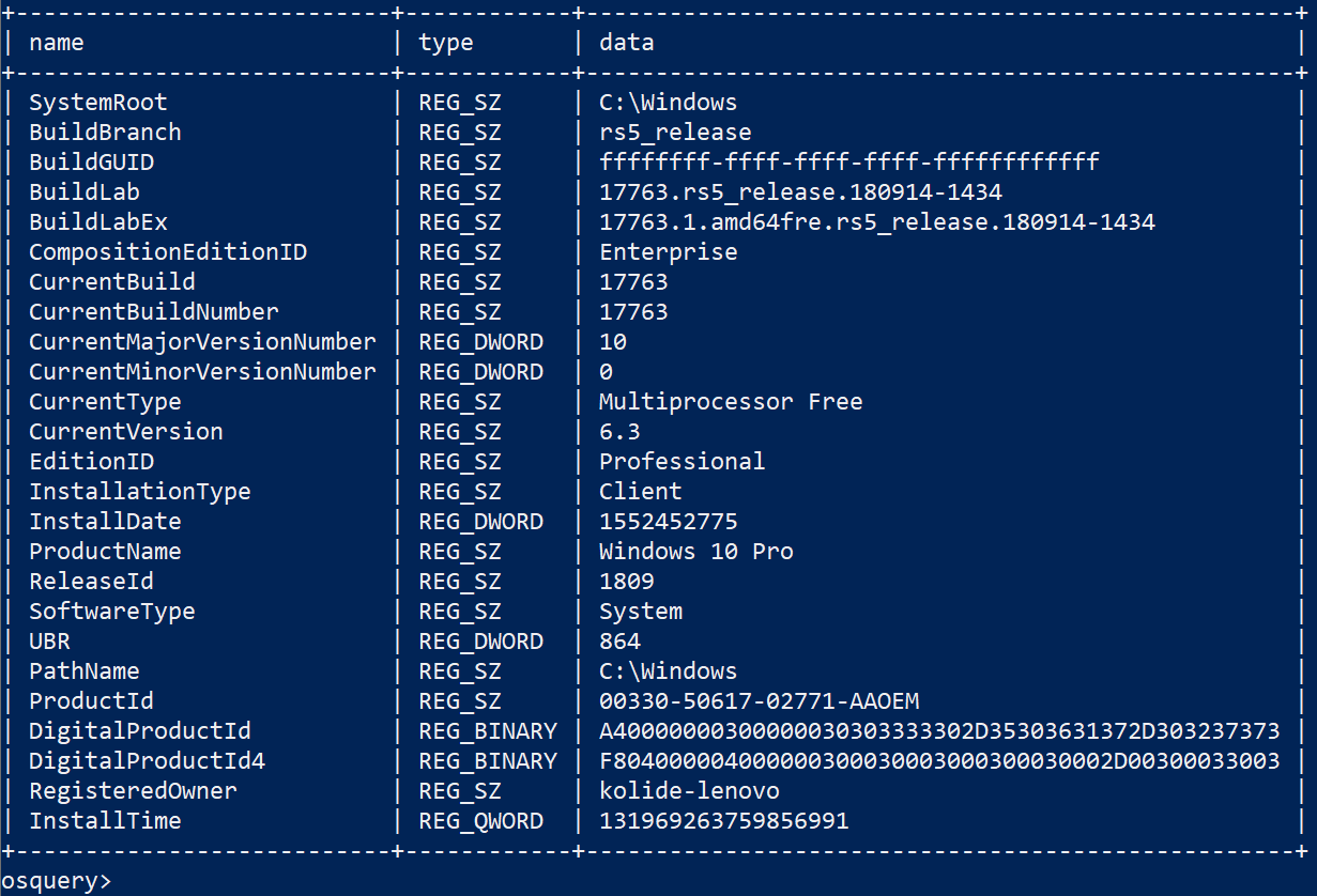 A screenshot of the results osquery provides when querying a single registry.